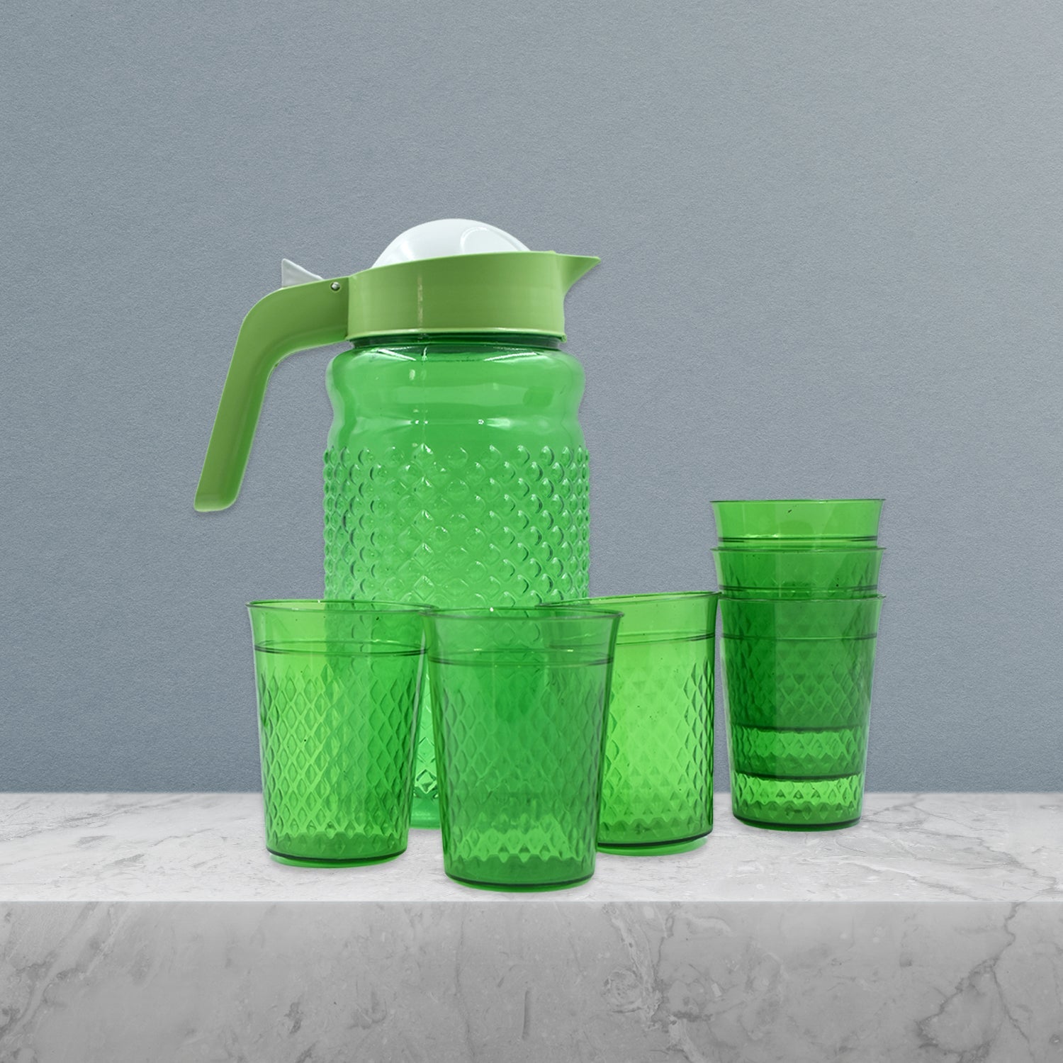 3734A Unbreakable Plastic Drinking Water/Juice Jug and 6 pieces Glass (Assorted color) 3734A Unbreakable Plastic Drinking Water/Juice Jug and 6 pieces Glass (Assorted color)